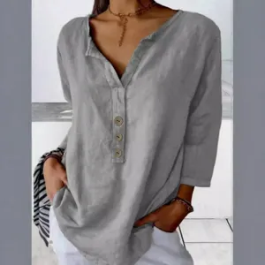 Casual gray women's long sleeve V-neck blouse with decorative wooden buttons for daily wear.