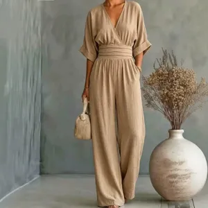 Women's Casual Linen Blend Jumpsuit Summer V-Neck Batwing Sleeve High Waist Wide Leg Long Pants Loose Fit Fashion Commuter Outfit