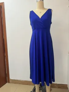 Sleeveless V-neck casual blue midi dress, elegant evening party wear product detail view.