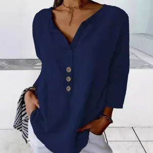 Dark blue long sleeve V-neck button blouse women casual fashion top elegant daily wear