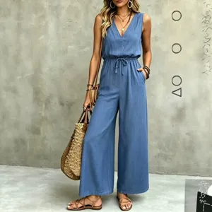 Tuta casual estiva con scollo a V senza maniche con coulisse e gamba larga da donna