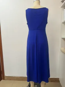 Detail view of a royal blue sleeveless V-neck casual midi dress, elegant evening gown style.