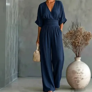 Women Casual V-Neck Short Sleeve High Waist Wide Leg Jumpsuit Summer Fashion Elegant Pants