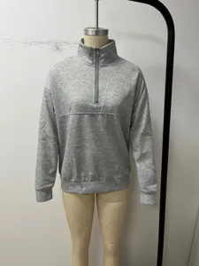 Women casual gray quarter zip stand collar long sleeve sweatshirt autumn fashion top
