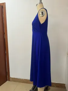 Side view detail of a royal blue sleeveless v-neck casual midi dress on mannequin display.