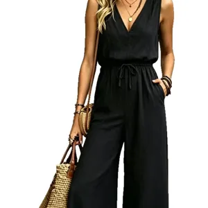 Tuta Donna Scollo V Senza Maniche Coulisse Gamba Larga Abito Casual Estivo Pantaloni