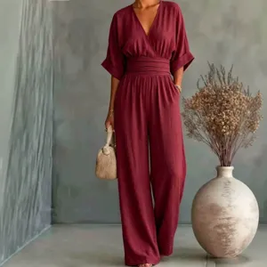 Women's casual V-neck short sleeve wide leg cinched waist jumpsuit main product view.
