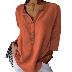 Women casual long sleeve V-neck button down shirt spring summer daily wear orange top