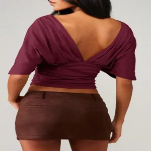 Damen V-Ausschnitt Fledermausärmel Crop Top und Rock Set, schicke Mode Kleidung für Alltag.