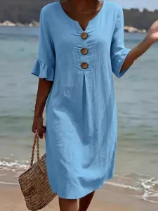 Casual summer cotton linen V-neck dress with wooden buttons and cute ruffle sleeves for women.
