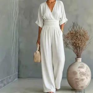 Summer casual v-neck high waist wide leg jumpsuit for women, elegant solid color loose one piece.