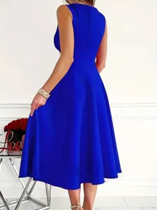Sleeveless V-neck A-line midi dress, elegant royal blue party dress for women summer casual.