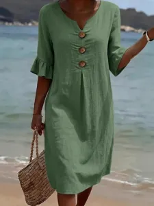 Green linen V-neck button ruffle sleeve casual midi dress for women summer beach wear