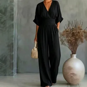 Women's casual v-neck jumpsuit solid color elegant summer wide leg trousers chic outfit
