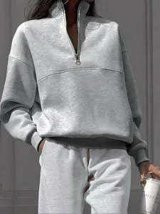 Women Casual Stand Collar Half Zip Long Sleeve Sweatshirt Solid Color Loose Fit Pullover Fashion Streetwear Top