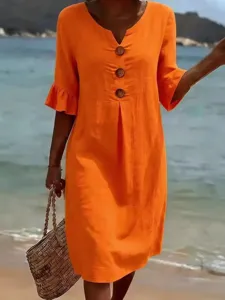 Women Summer Casual Linen V-Neck Ruffle Sleeve Dress Solid Color Beach Midi Dress