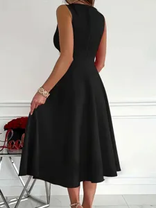 Sleeveless black midi dress featuring a fitted bodice and flared swing skirt for evening events.