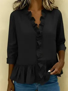 Blouse haut manches longues col V à volants en coton lin noir vue détaillée pour les femmes.
