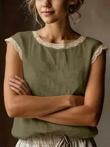 Vintage linen sleeveless top for women with elegant lace trim round neck casual solid color blouse.