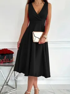 Elegant black sleeveless V-neck dress detail, stylish evening party midi dress scene view.