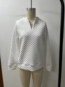White quilted long sleeve sweatshirt for women with deep V-neck casual daily wear basic top