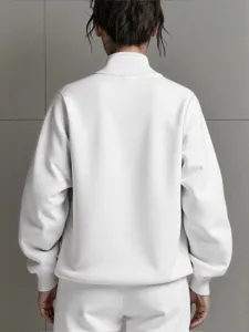 Plain white long sleeve high collar sweatshirt for women, casual autumn daily wear top.