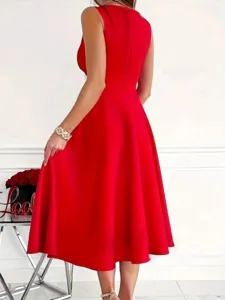 Elegant sleeveless red midi evening dress featuring a fitted waist and flared A-line skirt.
