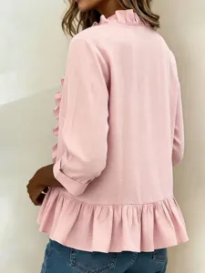 Chemisier rose manches longues pour femme avec volants, haut élégant en lin et coton.