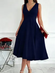 Elegant dark blue sleeveless V-neck midi dress for women, ideal for casual and evening wear.
