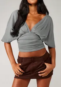 Damen sexy V-Ausschnitt Fledermausärmel Crop Top modische schlanke Sommerkurzarmkleidung