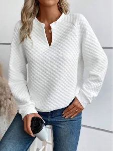 Women solid white V-neck long sleeve textured sweatshirt casual stylish everyday top apparel new