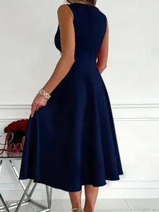 Elegant sleeveless navy blue midi swing dress for women casual evening party wear.