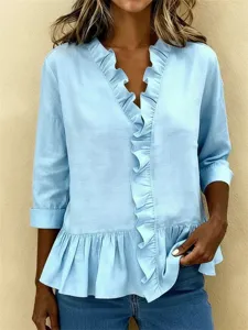 Femme chemisier bleu clair col V volanté manches longues coton lin haut élégant chemise