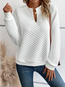 Women casual solid V-neck quilted long sleeve sweatshirt top detailed view, soft and cozy fabric.