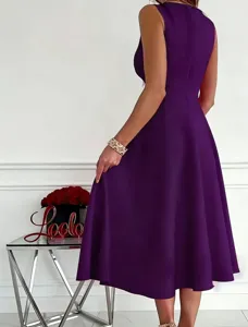 Elegant purple sleeveless V-neck midi dress, perfect for casual parties and evening events.