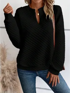 Women's solid color deep V-neck long sleeve casual sweatshirt with quilted texture detail.