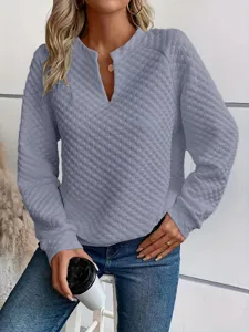 Women quilted v-neck long sleeve sweatshirt casual grey top elegant daily wear style