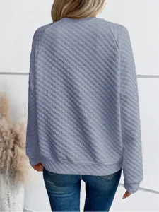 Women casual long sleeve quilted pullover sweatshirt in solid grey blue color, back view detail.