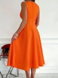 Sleeveless V-neck orange flare midi dress detail, elegant evening party fashion wear.