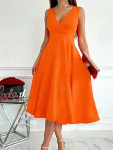 Sleeveless V-neck midi dress in vibrant orange, perfect for casual parties and evening events.