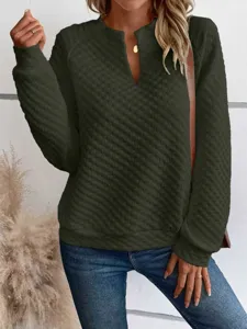 Women solid color deep V-neck quilted long sleeve casual sweatshirt pullover product detail