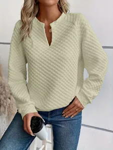 Women casual V-neck long sleeve quilted pullover solid color stylish daily wear top