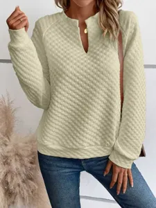 Women casual V-neck long sleeve textured sweatshirt autumn solid color pullover top basic wear