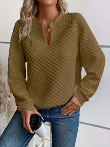 Women's deep V-neck quilted long sleeve casual sweatshirt autumn top for daily wear.