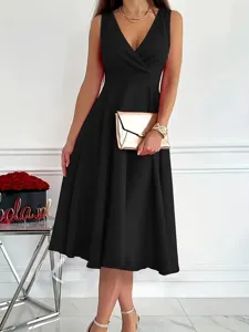 Women's Sleeveless V-Neck Midi Dress Elegant Black Casual Party Evening Dress Summer