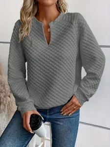 Womens solid V-neck long sleeve quilted sweatshirt, casual autumn pullover top for daily wear.