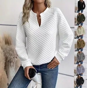 Women's Casual Solid Color Deep V-Neck Patchwork Long Sleeve Sweatshirt Loose Pullover Fall Fashion Top