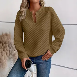 Women's quilted long sleeve V-neck sweatshirt casual solid color top for autumn season
