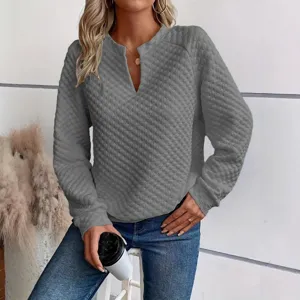 Women Casual Solid Color Deep V-Neck Long Sleeve Quilted Sweatshirt Autumn Pullover