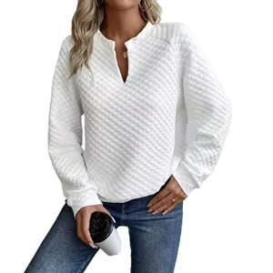 Women's solid color V-neck long sleeve quilted casual sweatshirt main product view